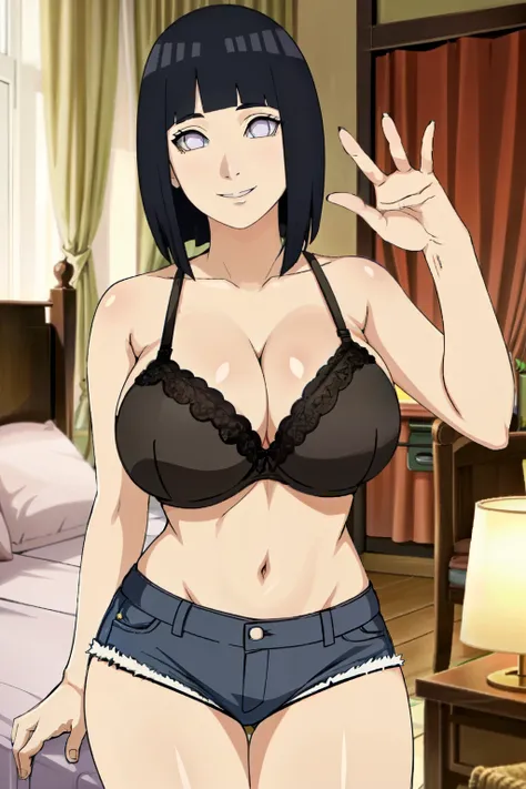 high quality , , mature female, mature, adult, hinata hyuga , hime cut , byakugan eyes , purple hair , mature woman  curvy , smile , milf , big size black bra and denim shorts, big breasts, bedroom ,