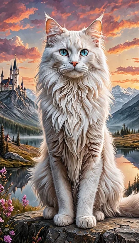  G (((Miraculous cat))) with elegant feathers, Long paws, and beautiful eyes, ทรงตัวเหมือนG (Gaze upon a pure fantasy landscape) 