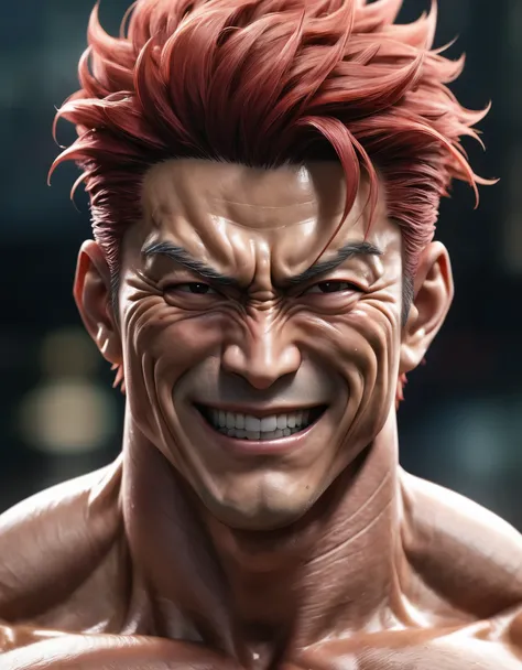 "(best quality, 8K, ultra-detailed, realistic:1.2), portrait, Yujiro Hanma, muscular, serene, smiling, detailed, red hair, tough, intimidating, powerful, showcasing his strength", corpo inteiro