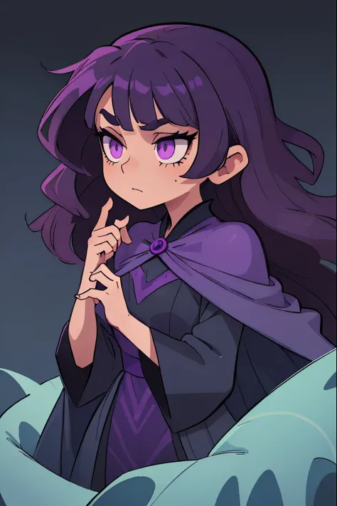  A tall girl, with wavy dark purple hair, with patterned purple eyes. She&#39;s wearing a dark gray dress, a light green cape on the shoulders. In the girl’s hands is a dark blue robe with a blue pattern..