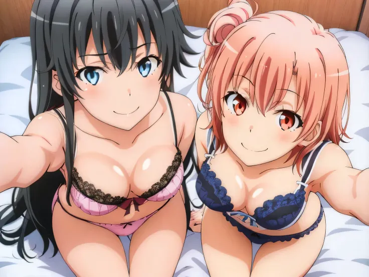 ((2 girls:1.0)), (Yuigahama Yui shapely breasts),(Yukinoshita Yukino),bed,pink underwear,Beautiful panties,thighs,front,looking at camera,(high angle),smile