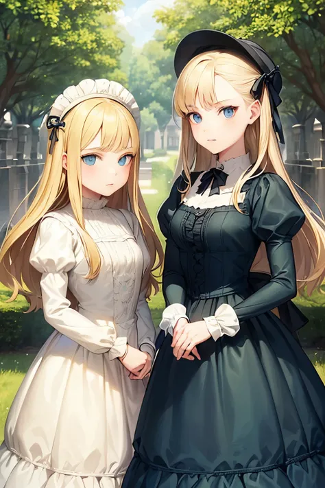 two girls, (Virginia Otis, 15 years old (blond hair, blue eyes)) pose with (16 years old Georgie Gerald (blond hair, green eyes)). Victorian style. thin, cute face, walks at night in Canterville Castle (inspired by the novel The Canterville Ghost). aged 18...