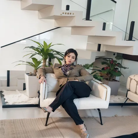 A real life photo of a powerful and confident businesswoman in a tailored suit with buttons undone. She is sitting on a leather chair in an elegant and sophisticated corporate setting.