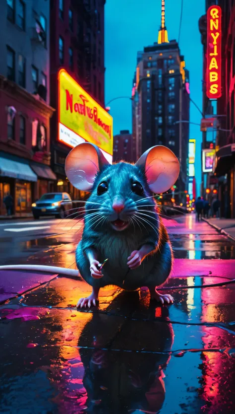 (a giant monstrous mouse:1.1),New York street,urban landscape,vibrant colors,natural lighting,detailed buildings, magnificent panorama,nighttime illumination,neon lights,reflection on wet pavement