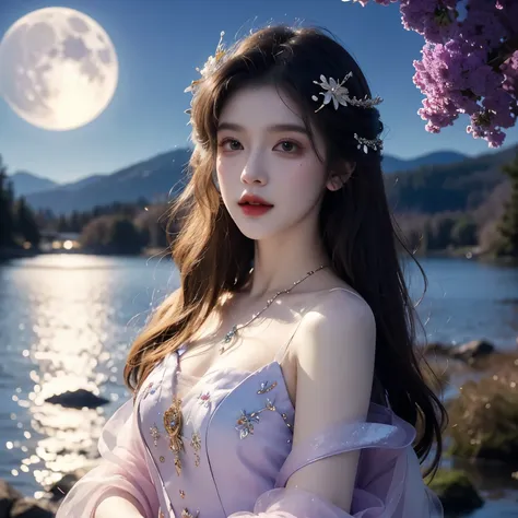 （（perfect face））（masterpiece）a woman in a purple dress standing in front of a lake, fantasy photoshoot, moon goddess, lunar goddess, goddess of the moon, fantasy photography, ethereal fantasy, fantasy art style, fantasy gorgeous lighting, beautiful fantasy...