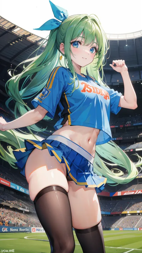 32k, 16k, 8k, best quality, ultra-detailed, high resolution, perfect anatomy, head on, stadium background, cheerleader, high quality eyes, cute girl, peek from below, happy smile, ligth green hair, acrobatic pose, 