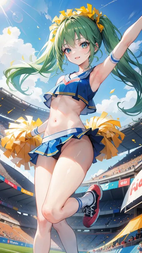 32k, 16k, 8k, best quality, ultra-detailed, high resolution, perfect anatomy, head on, stadium background, cheerleader, high quality eyes, cute girl, peek from below, happy smile, ligth green hair, acrobatic pose, 