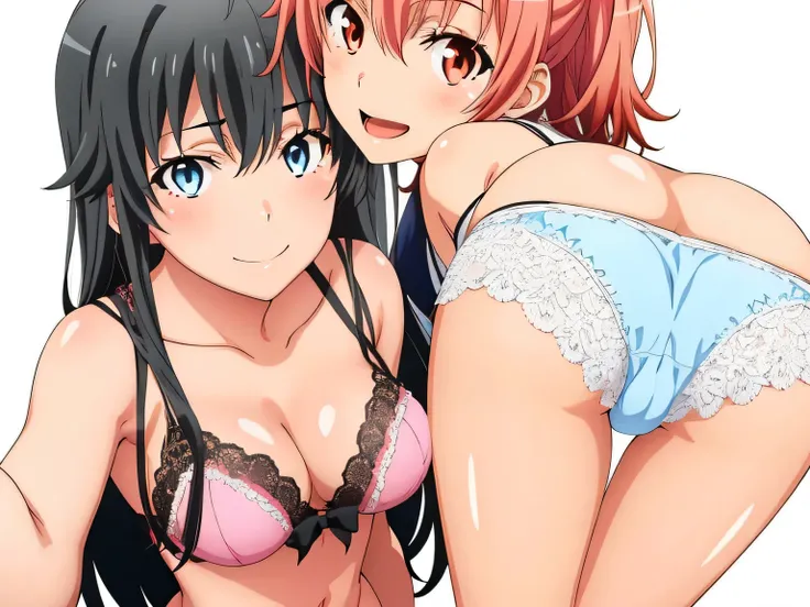 ((2 girls:1.0)), (Yuigahama Yui shapely breasts),(Yukinoshita Yukino),pin up,Pink ruffled underwear,white lace underwear,(Beautiful panties),(pussy),thigh nsfw,front,looking at camera,(high angle),smile,Panoramic view of the head,beautiful eyes