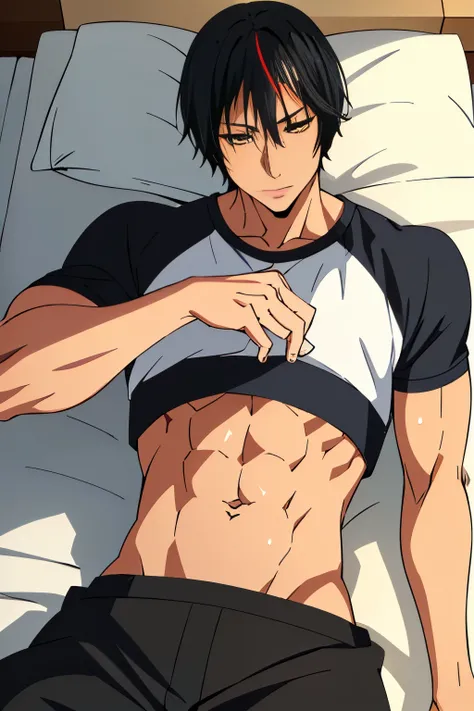 Highres, Masterpiece, Best quality at best,Best Quality,hight quality, hight detailed, anime style, (1 boy), diablo、Allback、Men with short hair, black hair, (showing his muscle), (wearing a crop top), crop top shirt, lying on bed