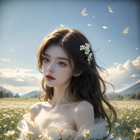 （（perfect face））（masterpiece）a woman in a long dress standing in a field of flowers, ethereal beauty, dreamy and ethereal, ethereal and dreamy, very magical and dreamy, extremely beautiful and ethereal, ethereal fairytale, ethereal fantasy, ethereal!!!, et...