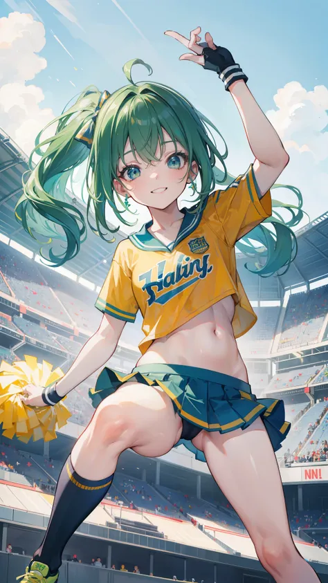 32k, 16k, 8k, best quality, ultra-detailed, high resolution, perfect anatomy, head on, stadium background, cheerleader, high quality eyes, cute girl, peek from below, happy smile, ligth green hair, acrobatic pose, 