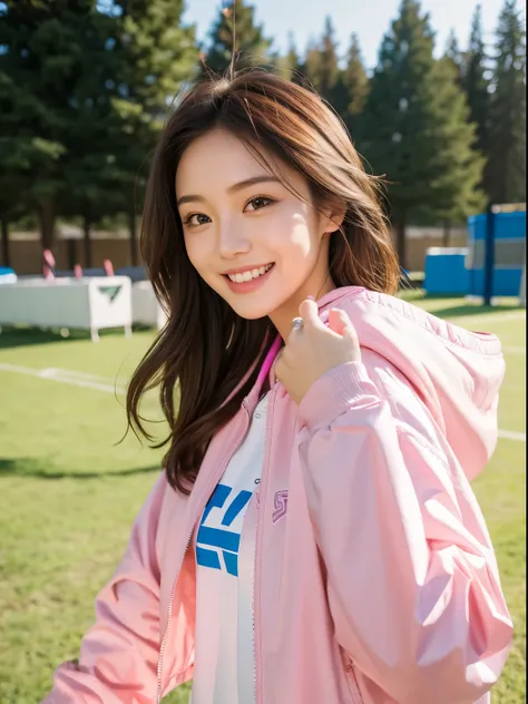 Pink sports jacket, energetic makeup, loose long hair, outdoor sports equipment room, natural smile, 28mm wide angle lens --portrait