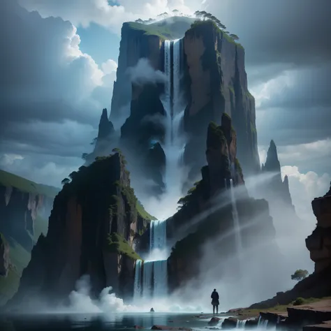 A breathtaking scene unfolds as a waterfall tumbles down the rugged cliffs, its crystal-clear waters crashing into the volatile maw of an active volcano. The intense heat causes the water to transform into billowing plumes of steam, taking on human-like sh...