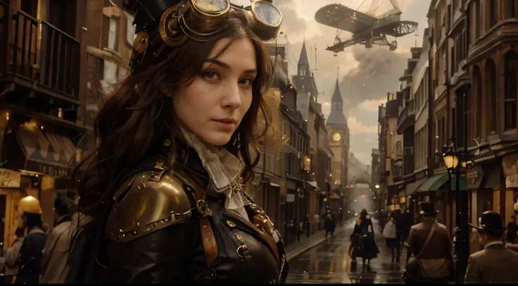 London street in the late 1800s, but with a steampunk twist. Think towering clockwork buildings with smokestacks puffing out steam, gaslight lamps casting an orange glow, and airships gliding silently overhead. Cobblestones slick with rain reflect the gasl...