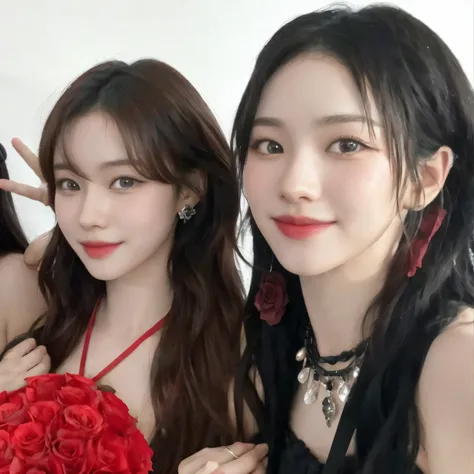 two asian women posing for a photo with a red rose., nixeu y sakimichan, terciopelo rojo, ambos tienen labios rojos, dos veces, ...