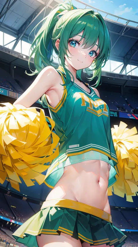 32k, 16k, 8k, best quality, ultra-detailed, high resolution, perfect anatomy, head on, stadium background, cheerleader, high quality eyes, cute girl, peek from below, happy smile, ligth green hair, 