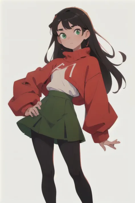 (masterpiece, best quality:1.2),beautiful and asethetic, masterpiece, white background, plain background, best quality, drawing of a chest up of a young woman wearing an oversized red sweater and tights, medium black hair and green eyes, character standing...