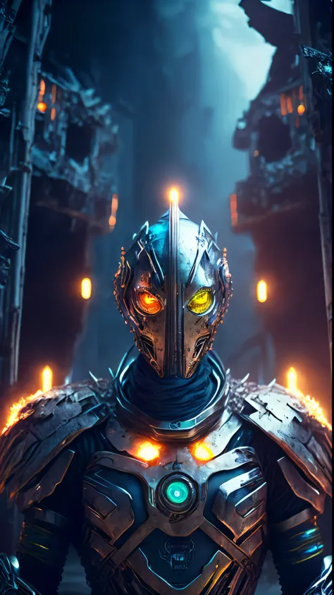 breathtaking cinematic science fiction photo of a portrait of a non human Grim wrapped in chrome metal skin, body full glowing metrics inside, glowing multicoloured eyes, multifaceted eyes, metallic arms, inside a destroyed building, extremely menacing cre...