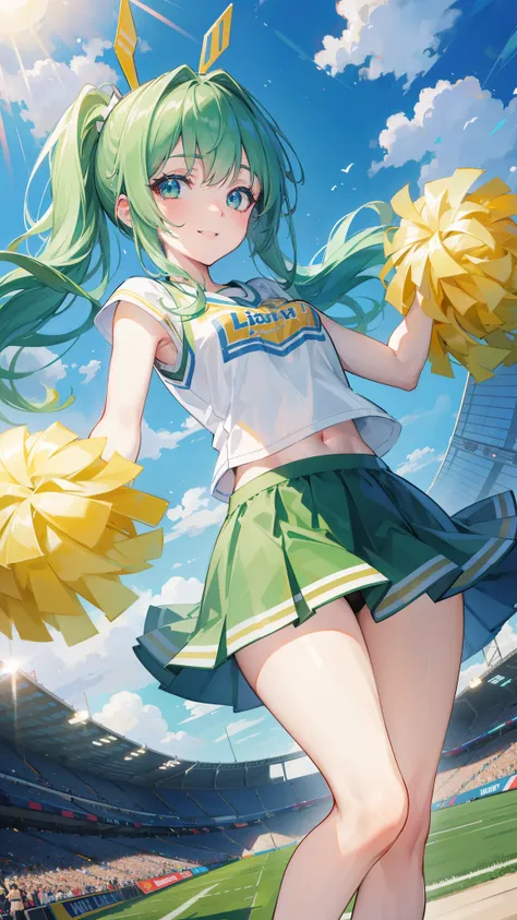 32k, 16k, 8k, best quality, ultra-detailed, high resolution, perfect anatomy, head on, stadium background, cheerleader, high quality eyes, cute girl, peek from below, happy smile, ligth green hair, 