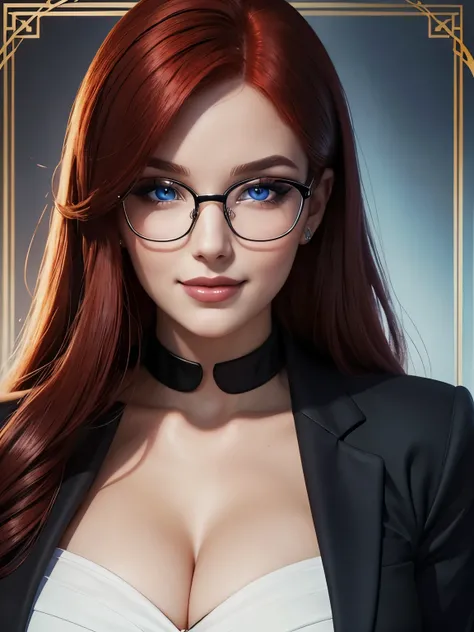 Portrait, beautiful 20-year-old curvy evil librarian with red hair, wearing a black business suit and eyeglasses, casting a spell on the viewer, hourglass figure, symmetrical figure, highly detailed face, beautiful face, calming blue eyes, lush lips, smili...