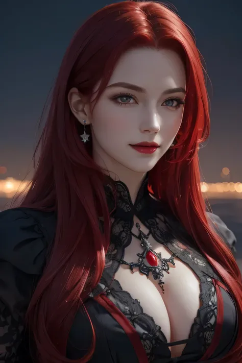 ((Best quality)), ((masterpiece)), ((realistic)), (hyperrealism:1.2), portrait shot, ((blood vivid red hair)), mature woman, 30 years old, diamond face, moonlight, red starry sky background, depth of field, magic, big red lips, ((dark black eyes)) black an...