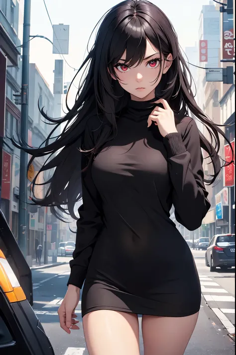 (best quality, highres, realistic:1.37),ultra-detailed,long black hair,red eyes,beautiful red eyes,serious expression,casual black clothes,large breasts,detailed face and features,vivid colors,dark atmosphere,soft lighting,beautiful girl,modern style