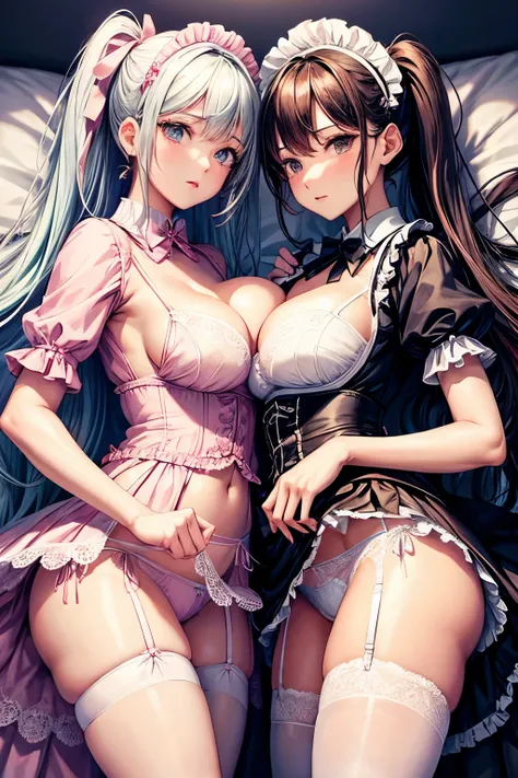 Two women wearing maid clothes are standing, One person is standing showing off her pink horizontal lace panties.、The other person is standing showing off her light blue horizontal lace pantieultiple, women group, 2 people, high ponytail, slender body, lar...