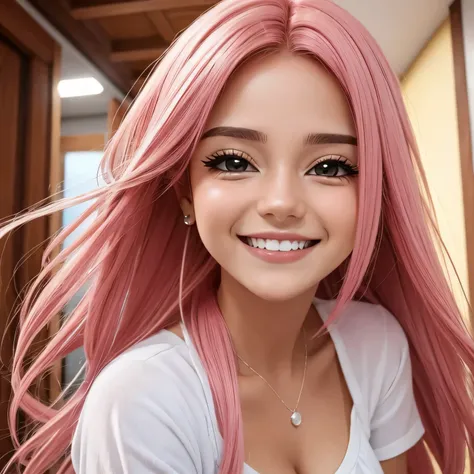 garota linda, melhor qualidade, sorriso lindo, cabelo cacheado, cabelo rosa, olhos de anime, chorando