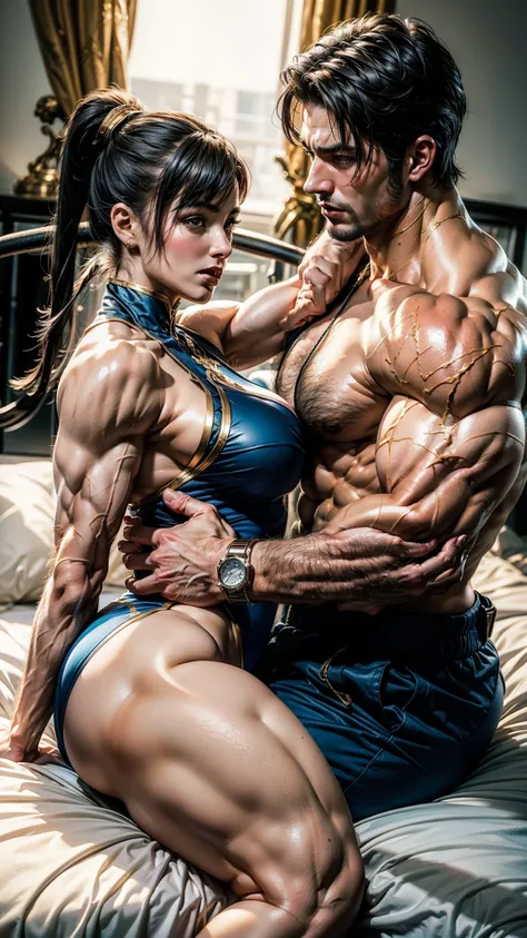 there is a man and woman posing on a bed together, chun li at the gym, chun li, chun - li, chun-li, portrait of chun - li, portrait of chun li, two muscular men entwined, roberto ferri and ruan jia, muscular characters, muscular men entwined together, posi...