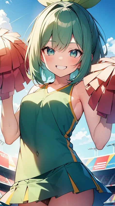 32k, 16k, 8k, best quality, ultra-detailed, high resolution, perfect anatomy, head on, stadium background, cheerleader, high quality eyes, cute girl, peek from below, happy smile, ligth green hair, 