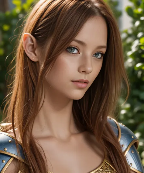 masterpiece, a beautiful female elf knight (piper fawn) bright eyes, brown hair, broad shoulders, strong body, high detail pale ...