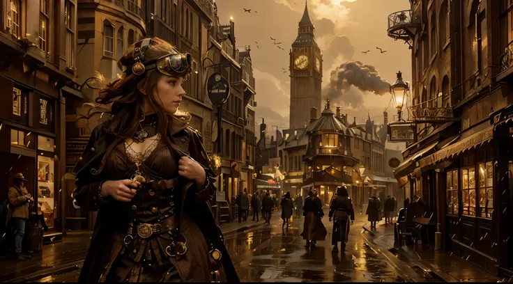 London street in the late 1800s, but with a steampunk twist. Think towering clockwork buildings with smokestacks puffing out steam, gaslight lamps casting an orange glow, and airships gliding silently overhead. Cobblestones slick with rain reflect the gasl...