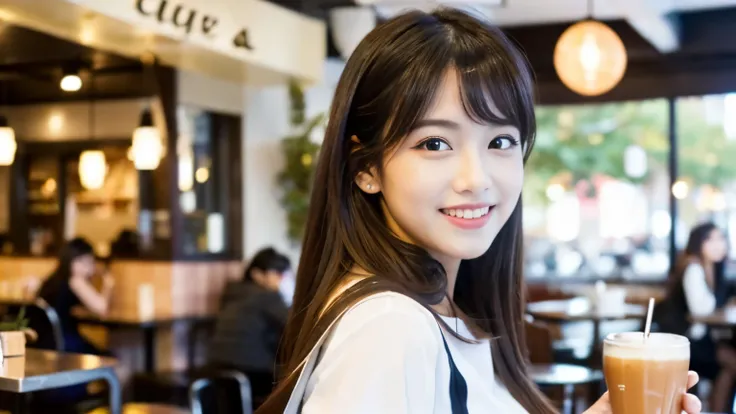 ((high quality, 8k, masterpiece: 1.3)), perfect face,Inside a stylish cafe in New York、Draws a scene where a beautiful woman with big breasts like a model is drinking a latte.,All around you, you can see other customers enjoying their time.。At the back of ...