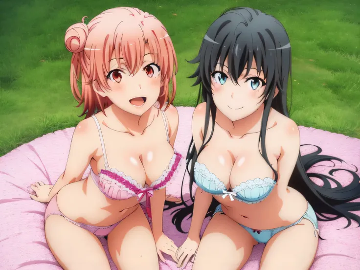 ((2 girls:1.0)), (Yuigahama Yui shapely breasts),(Yukinoshita Yukino),pin up,pink ruffle underwear,white lace underwear,(beautiful string panties),thighs ,gymnastics sitting,front,looking at camera,(high angle),smile,Panoramic view of the head,beautiful ey...