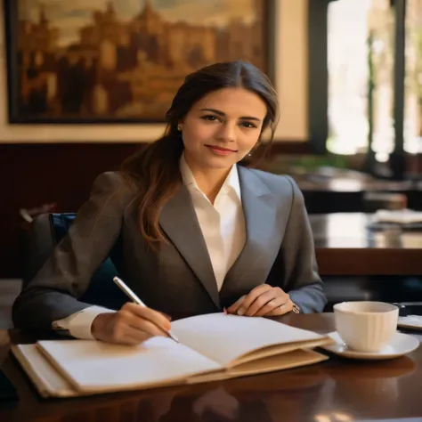 woman in a business suit writing in a notebook at a table, woman in business suit, garota de terno, advogada, garota de terno, i...