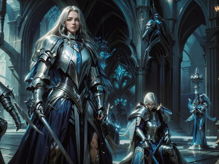 there is a woman in a blue dress and a man in a silver suit, picture of female paladin, gorgeous female paladin, female paladin, fantasy paladin woman, portrait of female paladin, portrait knight female, beautiful female knight, female knight, jaina proudm...