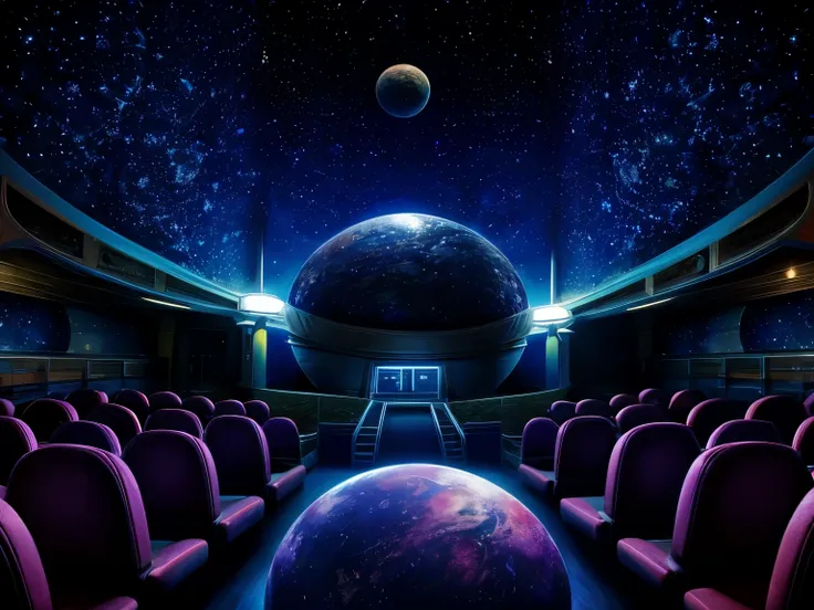 masterpiece,best quality,ultra detailed, background only, small planetarium, old planetarium, retro planetarium seats,