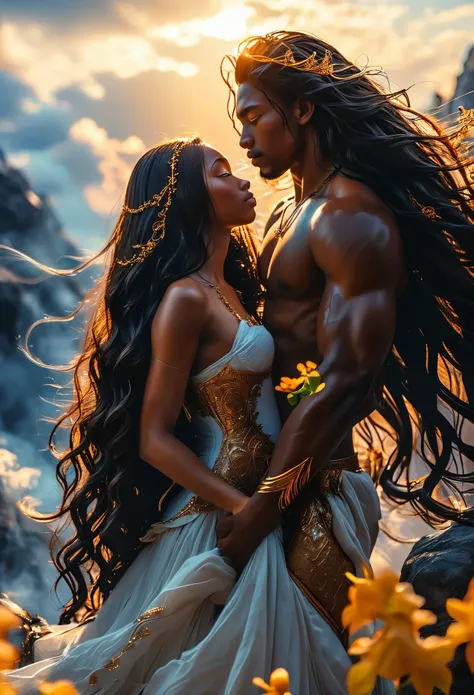 Passionate ((((tan skinned))) couple in a celestial landscape, young dark-skinned couple in their 20s, (((teen couple:1.5))), a ((((tan skinned))) man and a ((((tan skinned))) woman, he is a celestial young duke with long hair, he holding a (darkskin ((gin...