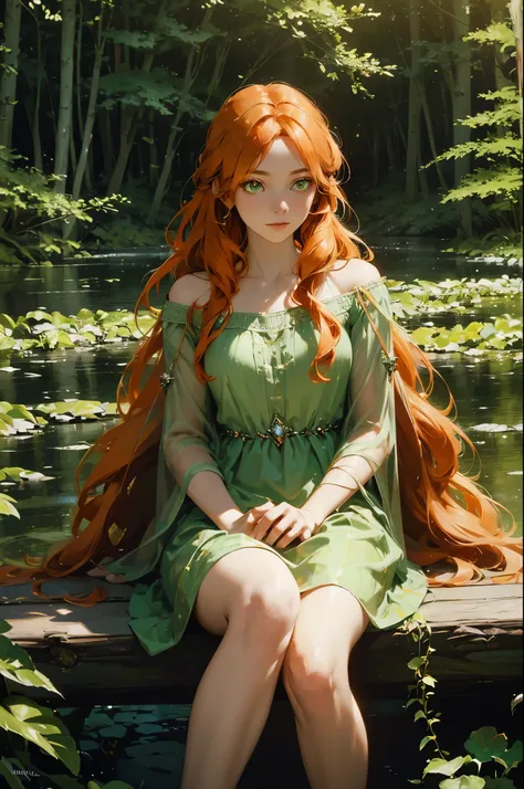 Create a mesmerizing digital painting depicting the serene beauty of an enchanted forest scene. In the center of the scene, portray a young beautiful woman sitting on a wood, with flowing orange hair, beard, ((green eye)), wearing a cool crystal dress. Cap...