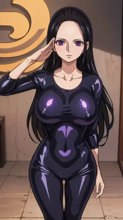 1 girl,NSFW,Nico Robin ,(one piece),clavicle, absurd, brainwashing,empty eyes,((purple glowing eyes 1.5)),  (huge breasts 1.8), No expression, emotions removed,(black latex tight bodysuit),avert your eyes , 全身shape, ((stand up, salute)),(highest quality、4k...