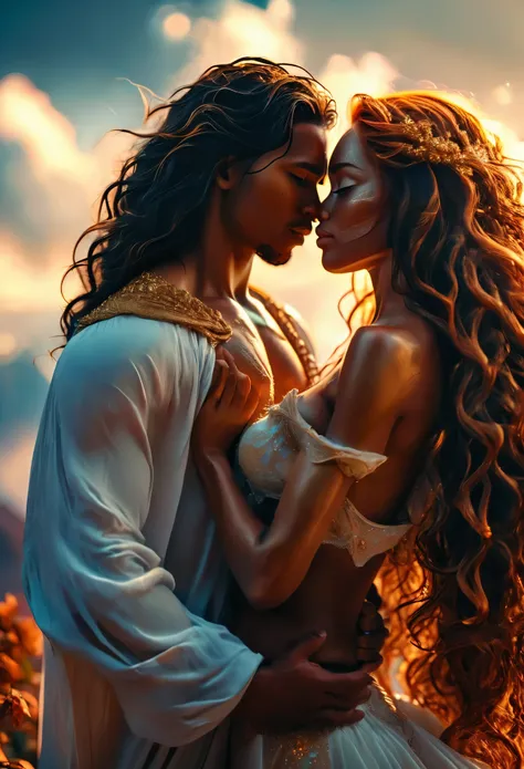 Passionate and hot ((((tan skinned))) couple in a celestial landscape, young dark-skinned couple in their 20s, (((teen couple:1.5))), a ((((tan skinned))) brown hair man and a ((((tan skinned))) woman, he is a celestial young duke with long hair, he holdin...