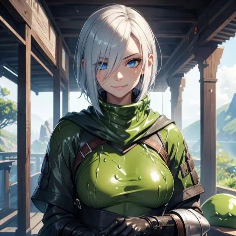 Young Adult, Androgynous, Hunter, ((( Scale Mail ))), Slime, Plasmiod, Beautiful, Athletic, Thin, Silver Hair, Shorthair, Blue Eyes, Smiling, Jungle, 3D, Cinematic, HDR, Very Detailed, HD, Background, RTX, 2K, Masterpiece, RE3Jill, ((( Slime Translucid bod...