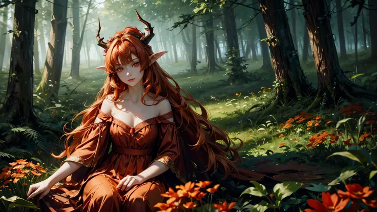 Create a mesmerizing digital painting depicting the serene beauty of an enchanted forest scene. Red flowers everywhere. In the center of the scene, portray a young beautiful woman sitting on a wood, ((perfect figure)), with flowing orange hair, ((she has h...