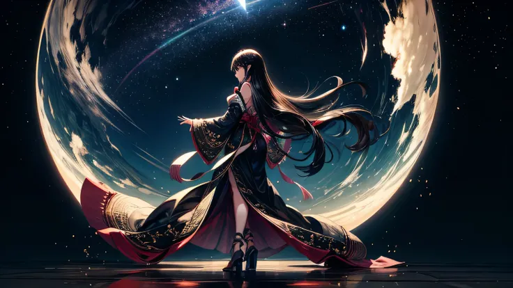Beautiful woman。Rear view。black hair。long hair。Full of happiness。look up at the sky。full body portrait。hope。goblin。