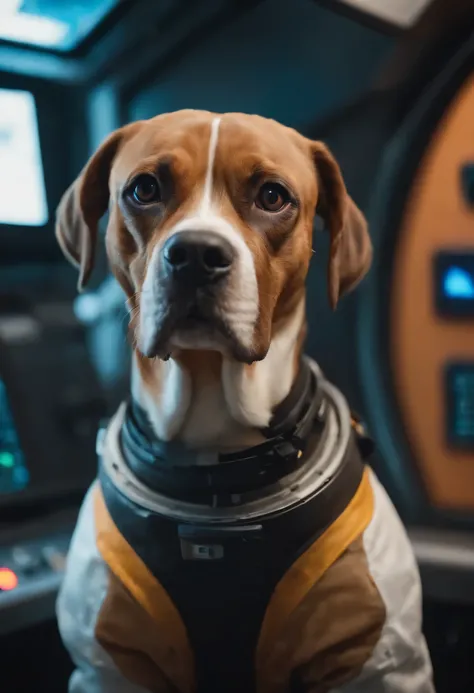 close-up of a dog with human aspects such as having arms and being bipedal of the boxer breed wearing an astronaut coat inside the cabin of a spaceship with several monitors with colored buttons in the background, Ciberpunk, Neon