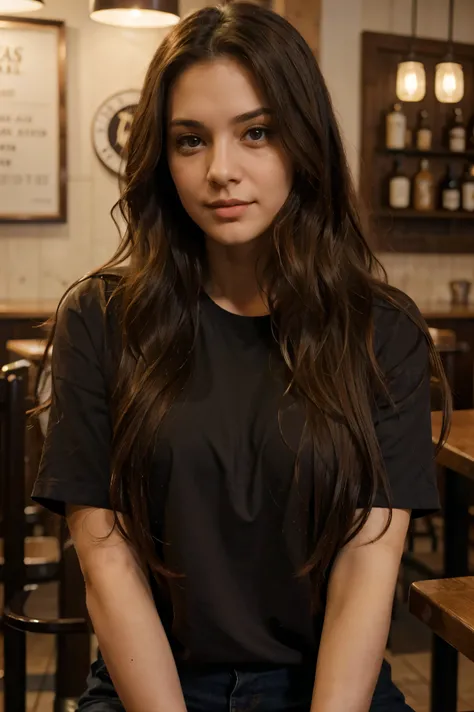 1 woman, long wavy hair, dark brown eyes, restaurant, product, Shirt