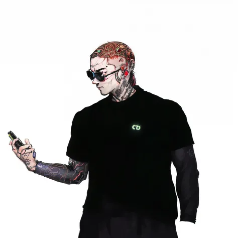 there is a man with a tattoo on his arm holding a cell phone, capanga de rua cyberpunk, uma ovelha, cara ciberpunk, como um personagem do GTAV, avatar da segunda vida, avatar da parte superior do corpo, no cyberpunk 2077, personagem gta, inspirado em Gang ...