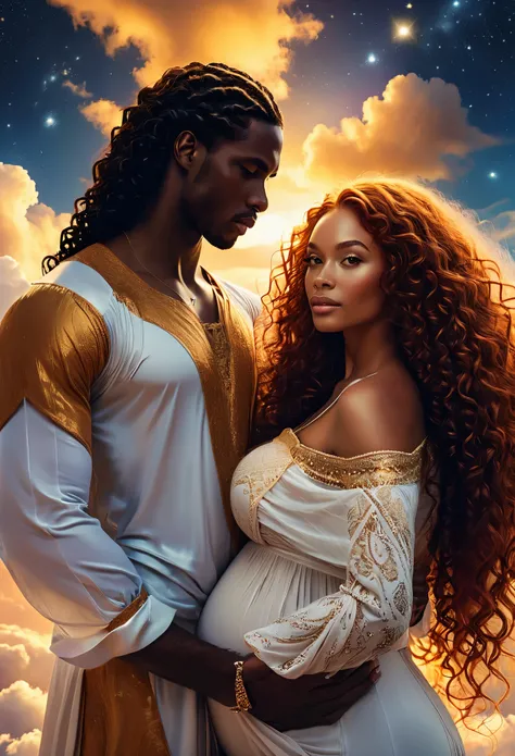 In a celestial landscape, four people dressed luxuous, they are all darkskin, (((two darskin men and two darkskin woman))), (((two young darkskin long dark hair duke:1.3))), (((one darkskin ginger hair pregnant1.5 woman))) and (((one short brown hair woman...