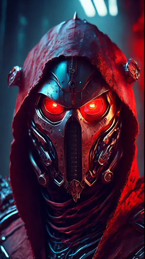 breathtaking cinematic science fiction photo of a portrait of a non human masked Grim wrapped in red chrome metal skin, body full glowing metrics inside, glowing multicoloured eyes, multifaceted eyes, metallic arms, inside a destroyed building, extremely m...