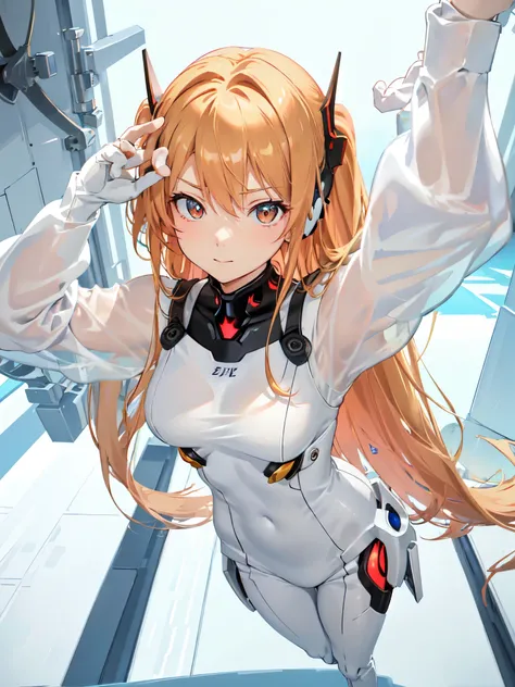 (Overhead view),dynamic angle,ultra-detailed, illustration, close-up, straight on, 1girl, 
 ((souryuu asuka langley, interface headset, red bodysuit:1.4, blonde)),Her eyes shone like dreamy stars,(glowing eyes:1.233),(beautiful and detailed eyes:1.1),(expr...